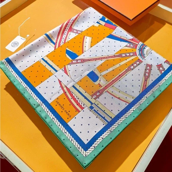 Hermes Orange and Blue Striped Scarf with Wheel Motif - Picture 3 of 6